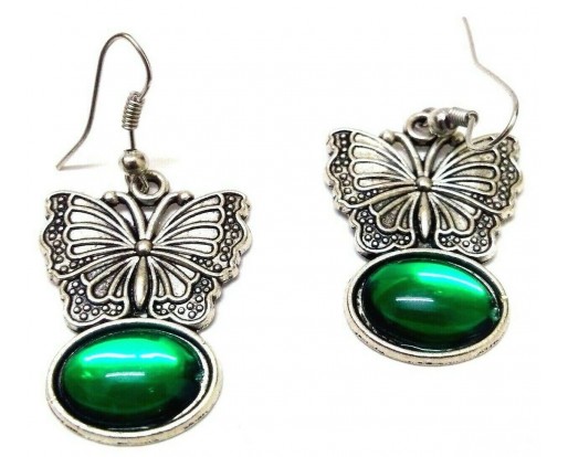 DARK GREEN BUTTERFLY Silver Oxidized Earring Hook Dangle Drop Fashion Novelty
